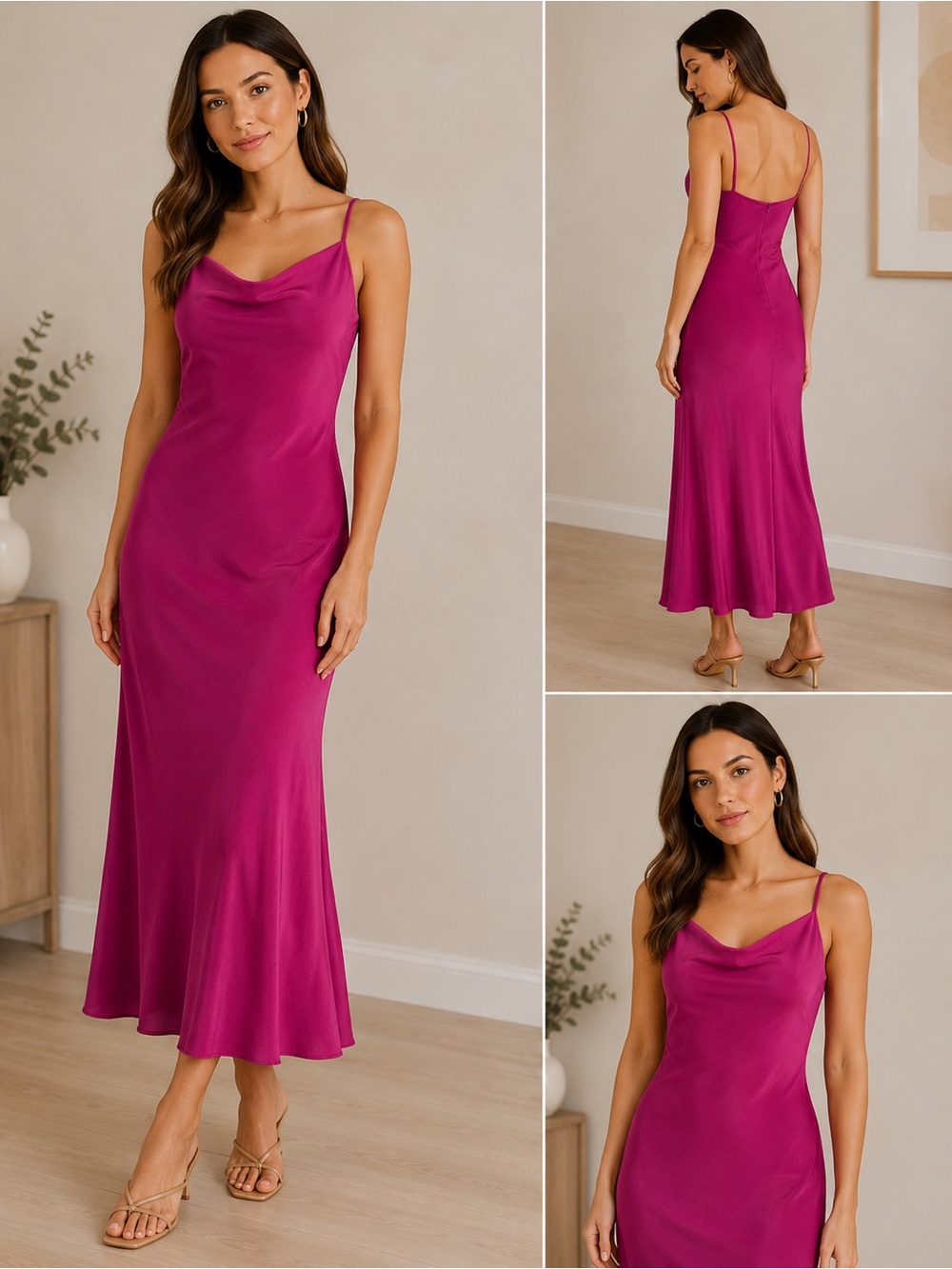 Bar III Magenta Satin Cowl Slip Dress